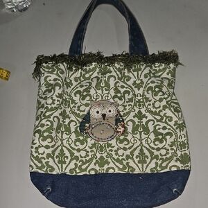 Denim Green and Blue Patterned Owl Tote Bag